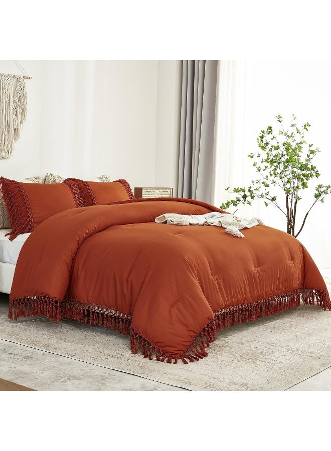 Andency Queen Comforter Set Burnt Orange, 3 Pieces Boho Terracotta Lightweight Fall Bedding Comforter Sets, Tassel Rust Bed Set (90x90In Comforter & 2 Pillowcases) - Image 4